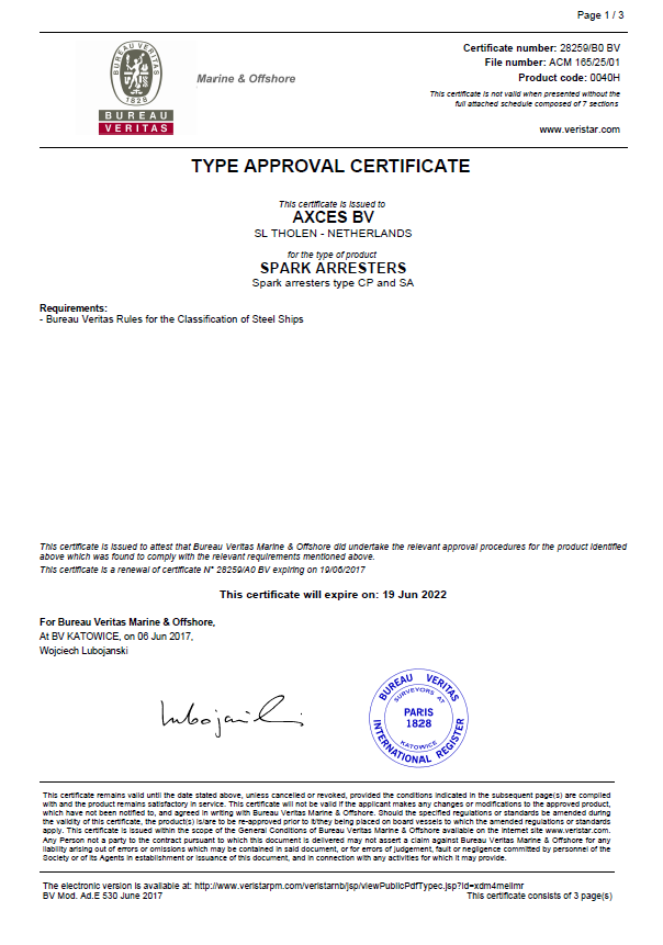 Spark Arrestor Type approval by Bureau Veritas